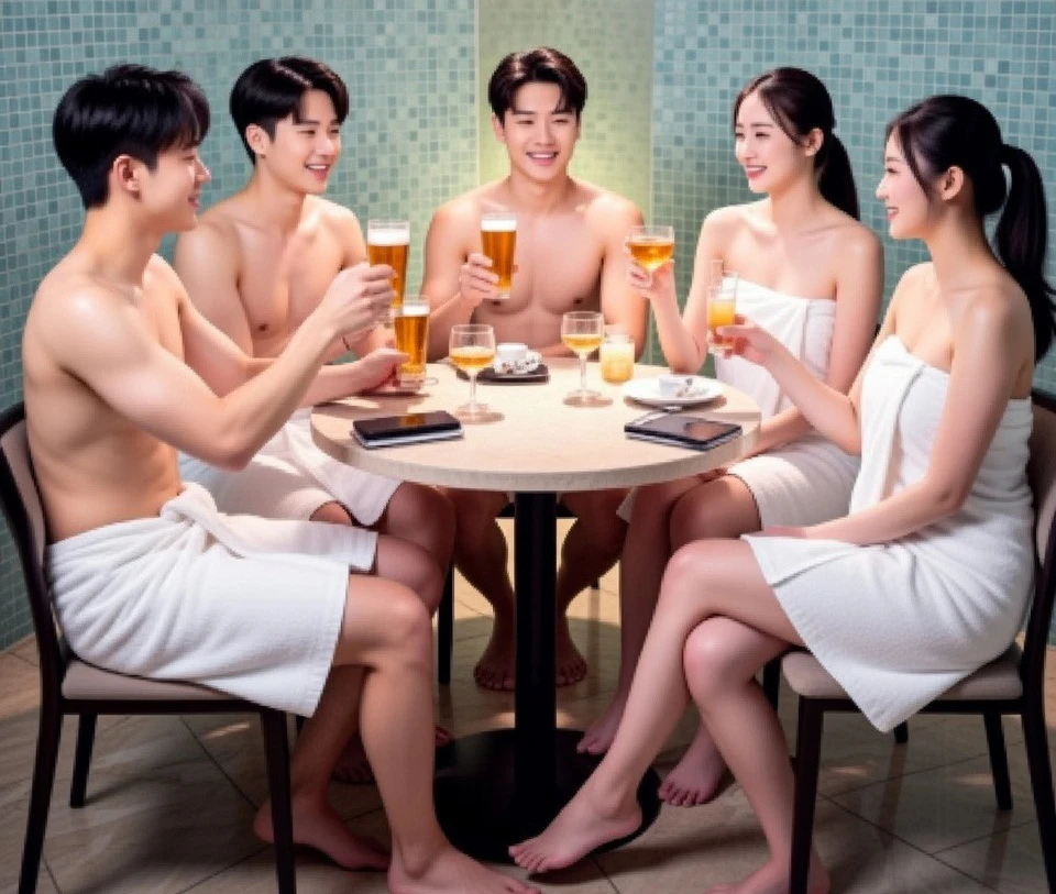 Drinks and conversation in the Alexander VIP room before jacuzzi play