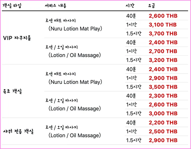 마사지 서비스 요금표